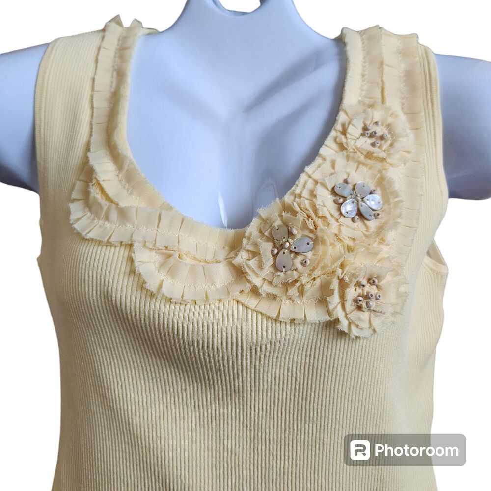 Ruby Rd. Cottagecore Beaded Rosette Tank Top L Soft Yellow Boho Romantic Retro